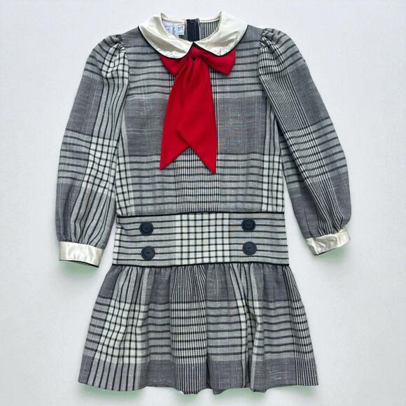 VTG Girls Plaid Dress S 8 Gray Sailor Collar Bow Drop Waist Holiday Preppy Retro - Picture 1 of 11